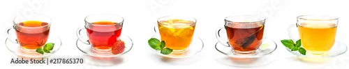 Panel kuchenny z motywem Collection cup of tea and strawberry, mint and lemon on white