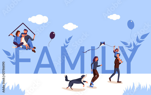 Happy family poster. Flat style design.