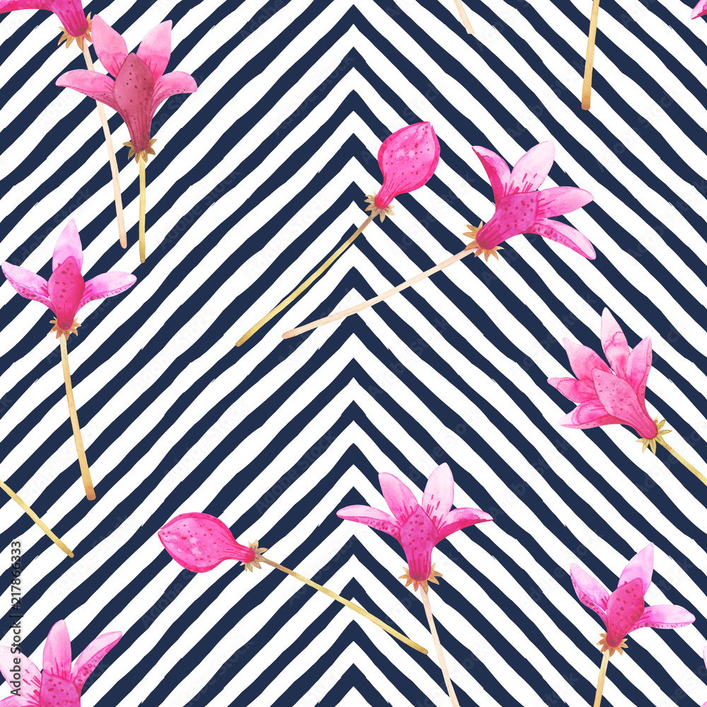 Obraz premium Seamless watercolor pattern with tropical leaves and stripes, beautiful hibiscus flowers