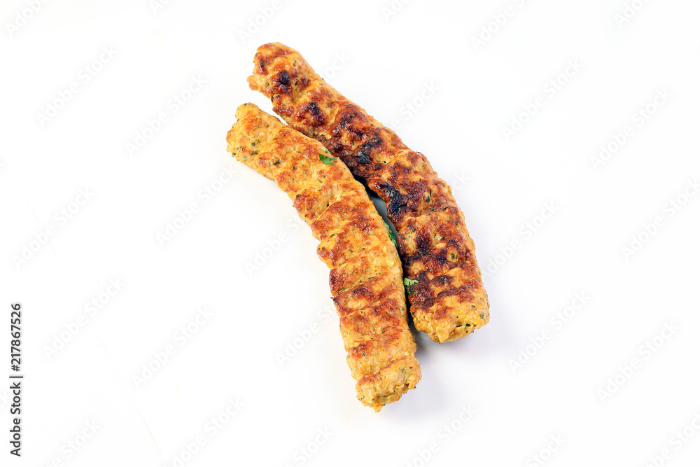 Ground Minced Chicken Meat Shish Kebab on white background Ground Minced Chicken Meat Shish Kebab on white background