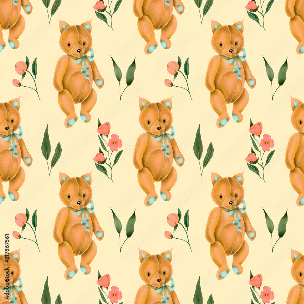 Obraz premium Seamless pattern with hand-painted soft plush toy fox and pink flowers on a pink background
