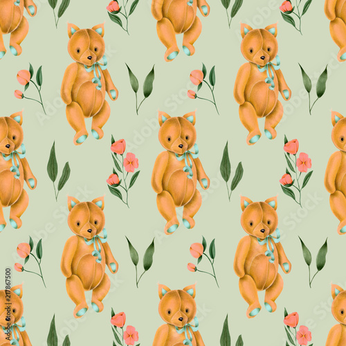 Seamless pattern with hand-painted soft plush toy fox and pink flowers on a grey background