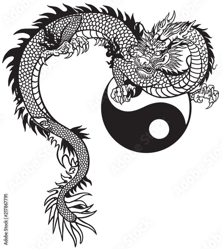 Eastern dragon and Yin Yang symbol. Black and white tattoo vector illustration