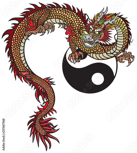 Eastern dragon and Yin Yang symbol. Tattoo vector illustration