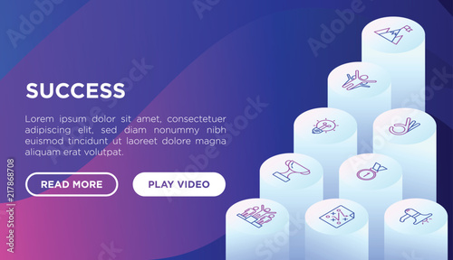Success concept with thin line isometric icons: trophy, mountain peak, career, bullhorn, strategy, ladder, winner, good choice, easy. Vector illustration, web page template on gradient background.