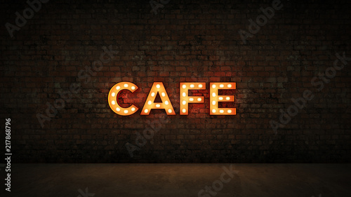 Neon Sign on Brick Wall background - Cafe. 3d rendering