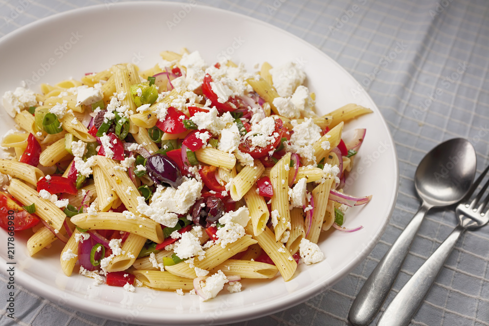 Pasta Penne with Cheese, pepper, onion, cherry tomato and olives Pasta Penne with Cheese, pepper, onion, cherry tomato and olives