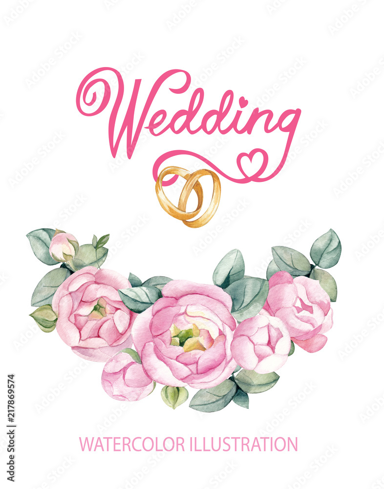 Watercolor drawing. Flower arrangement of pink roses with wedding rings.