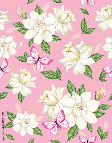 Watercolor seamless pattern with white gardenia and pink butterflies on a pink background. Perfectly suitable for drawing on fabric, wallpaper.