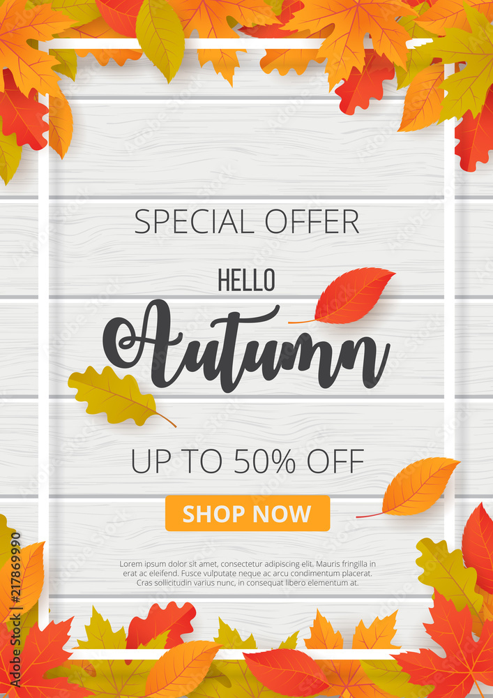 Autumn sale background with leaves. Can be used for shopping sale, promo poster, banner, flyer, invitation, website or greeting card. Vector illustration