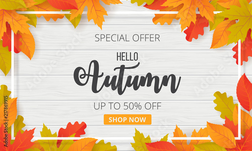 Autumn sale background with leaves. Can be used for shopping sale, promo poster, banner, flyer, invitation, website or greeting card. Vector illustration