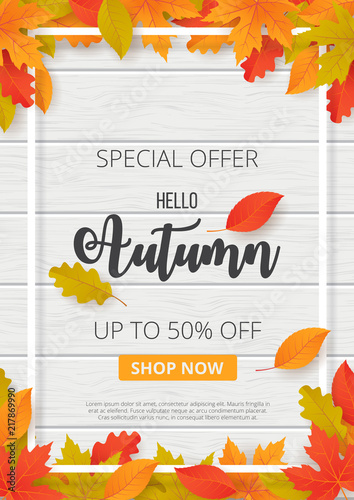 Autumn sale background with leaves. Can be used for shopping sale, promo poster, banner, flyer, invitation, website or greeting card. Vector illustration