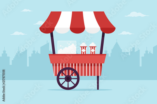 Popcorn Cart in the City. Flat Design Style. 