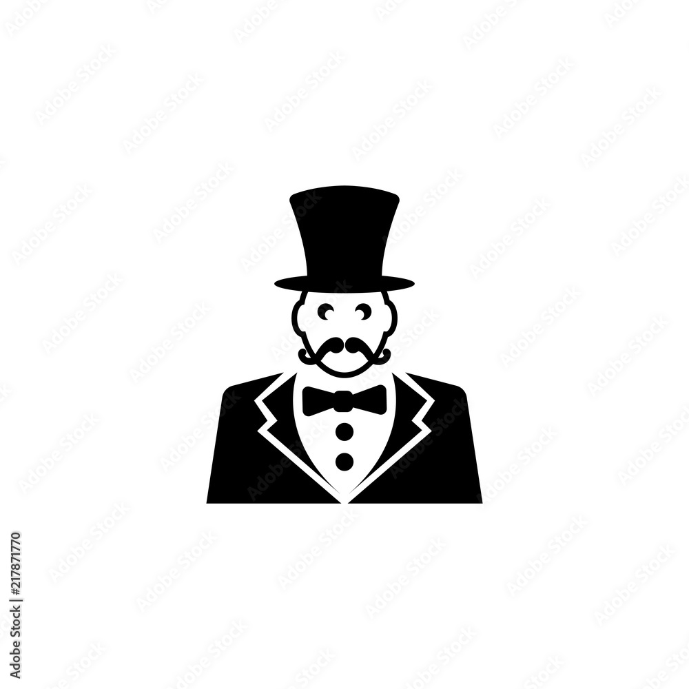 Ringmaster, Circus Ceremony Master with Hat. Flat Vector Icon illustration. Simple black symbol on white background. Ringmaster, Circus Ceremony Master sign design template for web mobile UI element
