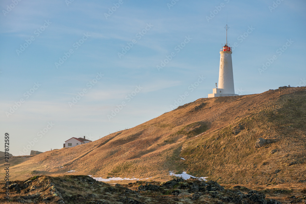 Lighthouse on Reykjanes peninsula in Iceland in late winter
