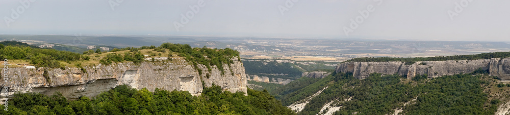 Wide-format panorama for an architectonic visualization. Cave cities of the Crimea. Bakhchisaray. Russian Federation         