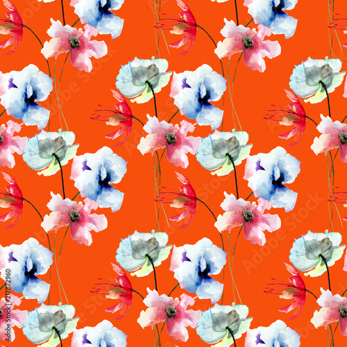 Seamless pattern with stylized flowers watercolor illustration