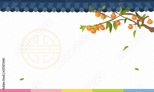 Korean Harvest Mid Autumn Festival (Chuseok or Hangawi) Background vector illustration, Persimmon tree with traditional Korean pattern.