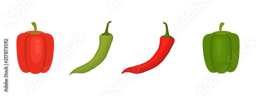 Red and green peppers isolated on a white background. Chilli peppers and sweet peppers. Vector illustration