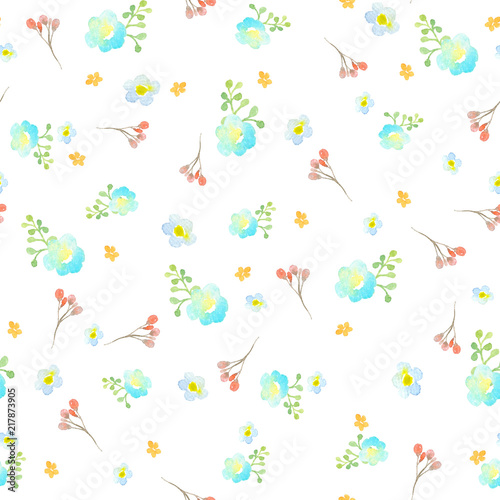 Seamless pattern with blue, turquoise and orange flowers, a twig with red flowers and a green abstract branch on a white background. Painted with watercolors.
