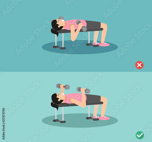 Woman wrong and right bench press posture,vector illustration