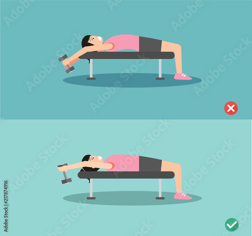 Woman wrong and right bench press  posture,vector illustration