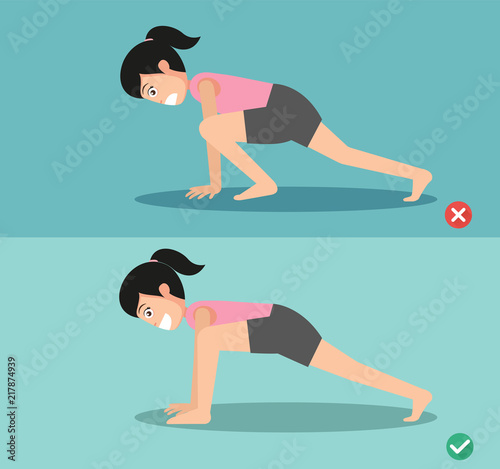 Woman wrong and right lizard lunge posture,vector illustration