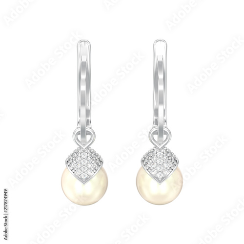 3D illustration isolated white gold or silver pearl diamond earrings with hinged lock