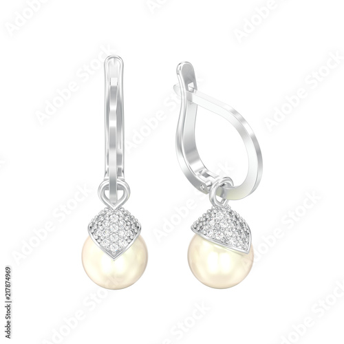 3D illustration isolated white gold or silver pearl diamond earrings with hinged lock