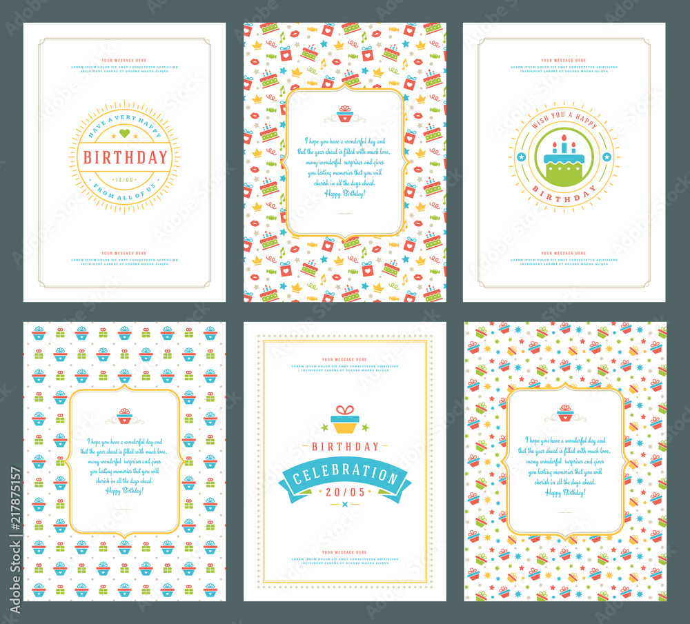 Naklejka premium Happy Birthday greeting cards typographic design set vector illustration.