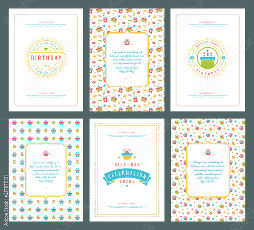 Happy Birthday greeting cards typographic design set vector illustration.