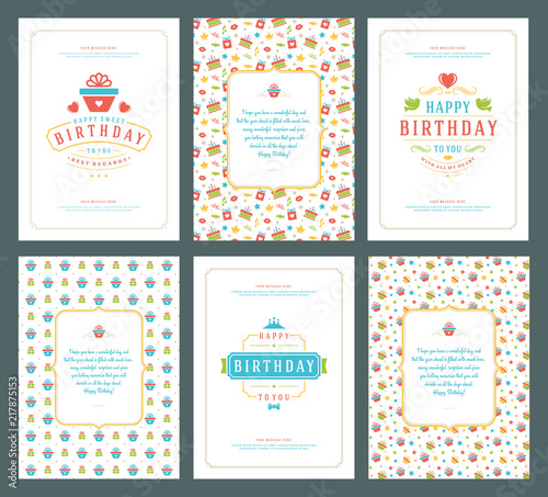 Happy Birthday greeting cards typographic design set vector illustration.