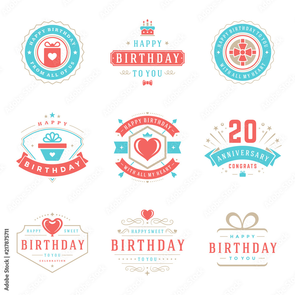 Happy Birthday Badges and Labels Vector Design Elements Set.