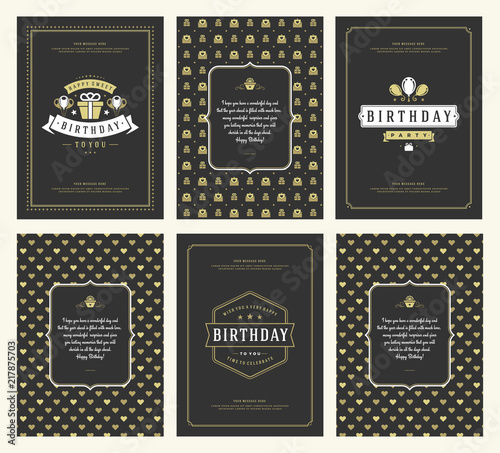 Happy Birthday greeting cards typographic design set vector illustration.