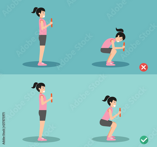 Woman wrong and squat posture,vector illustration