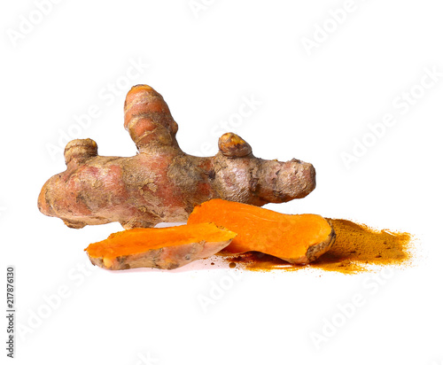 Turmeric powder and turmeric isolated on white background.top view