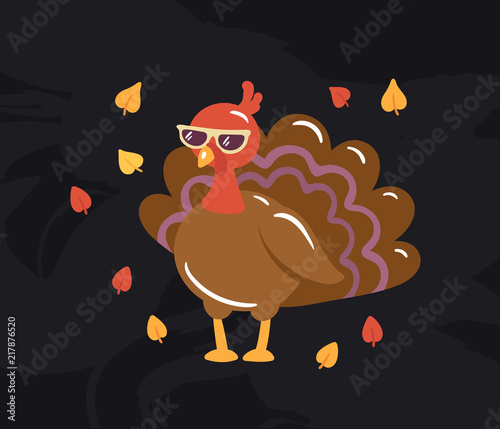Autumn turkey illustration on blackboard background. Seasonal fall picture with really cool turkey in sunglasses surrounded by falling leaves. Concept for thanksgiving day or farm