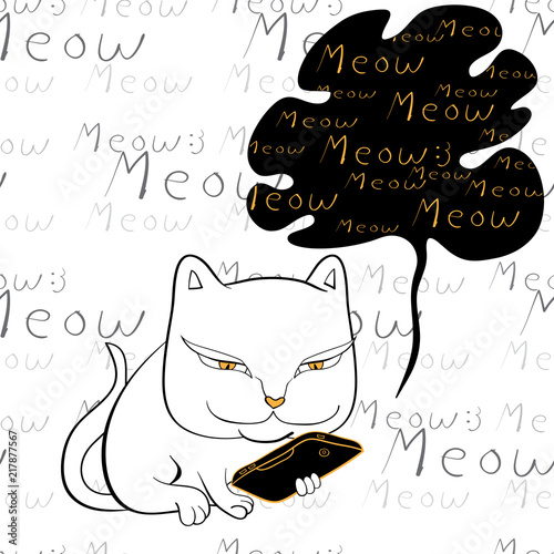 vector illustration of white cat holding smart-phone