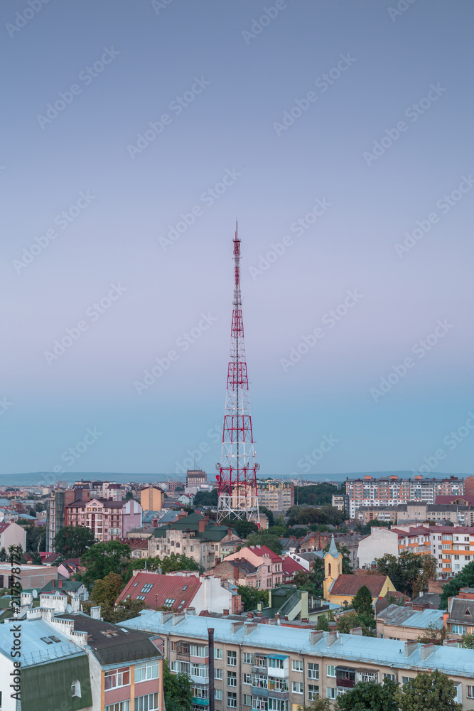 Aerial view in Ivano - frankivsk city tv tower at sunset