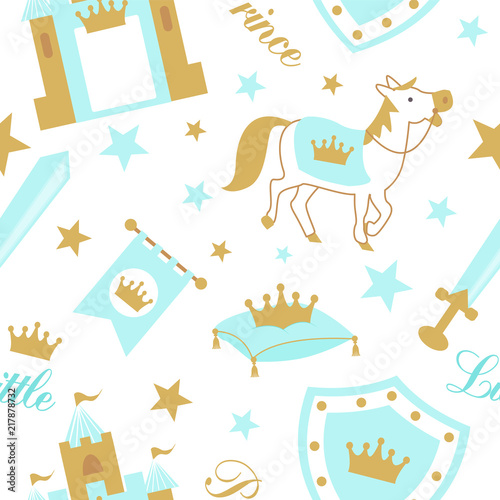 Cute boyish seamless pattern with royal cliparts. Vector blue baby background with crown and star. Backdrop for little prince party (invite card, fabric, wrapping paper) Nursery wallpaper and textile