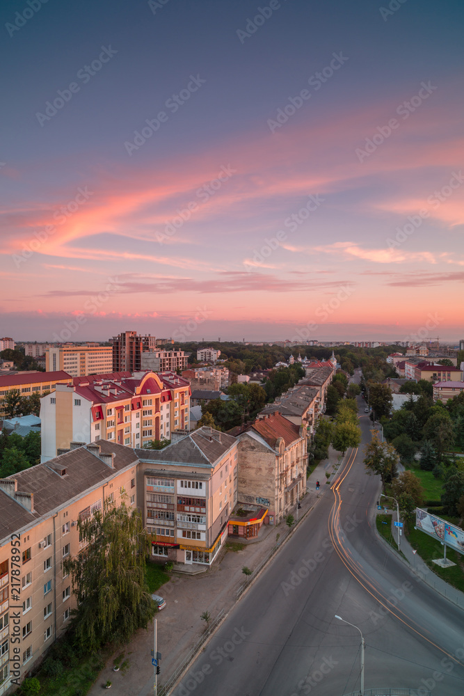 Aerial view in Ivano - frankivsk city street at sunset