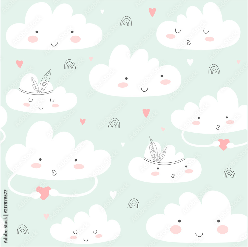 Seamless pattern with cute clouds.
