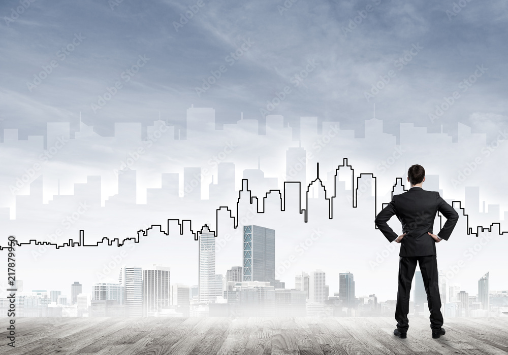 Motivation and inspiration concept with modern cityscape and businessman observing it Motivation and inspiration concept with modern cityscape and businessman observing it
