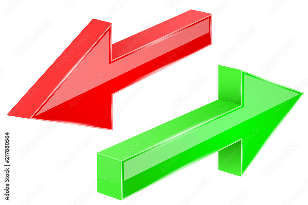 Back and Next arrows. 3d red and green shiny signs Back and Next arrows. 3d red and green shiny signs