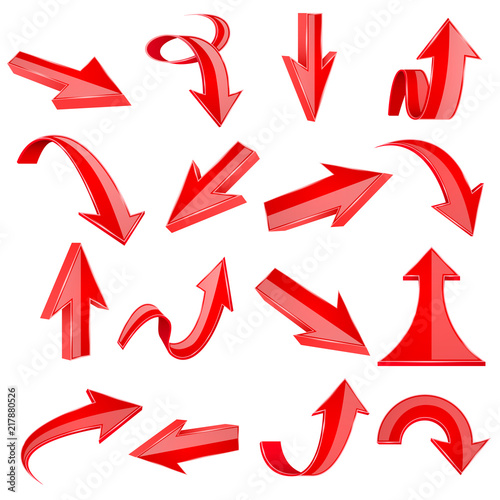 Red 3d arrows. Straight and bent icons