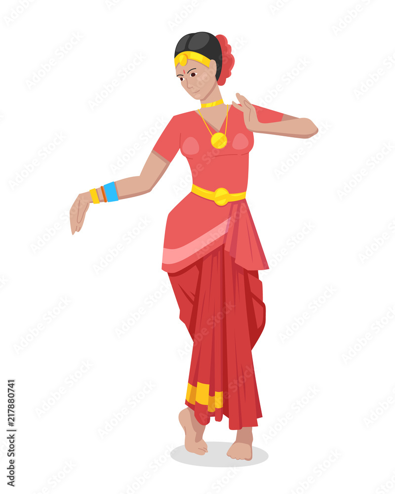Indian girl dancer, in colorful red classic traditional attire.