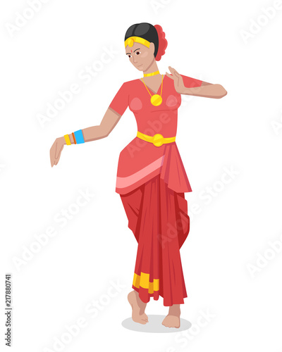 Indian girl dancer, in colorful red classic traditional attire. photo