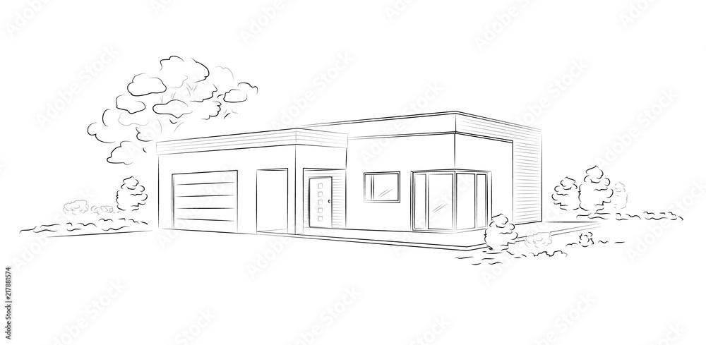 Vector linear architectural sketch modern detached house.