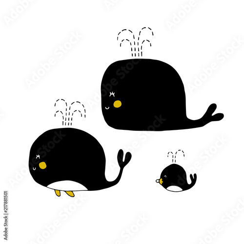 Vector hand drawn whales set. Ocean marine world.