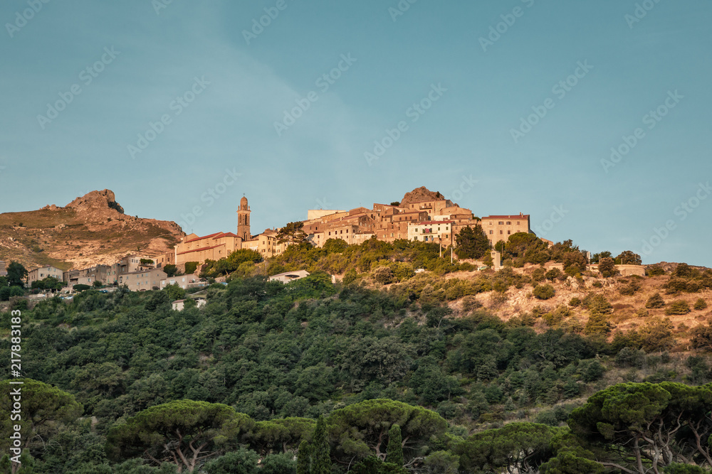 Morning sun on mountain village of Speloncato in Corsica
